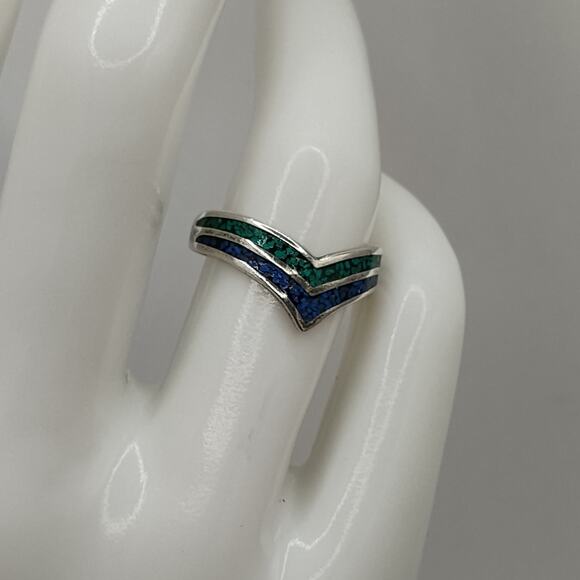 Turquoise and Lapis Chip Inlay Sterling Silver Ring Size 6.75 - Picture 4 of 8